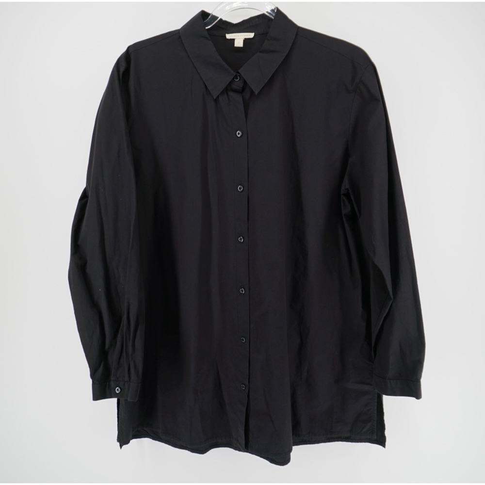 Eileen Fisher Women Large Organic Cotton Button Down Shirt Black Long Sleeve EUC